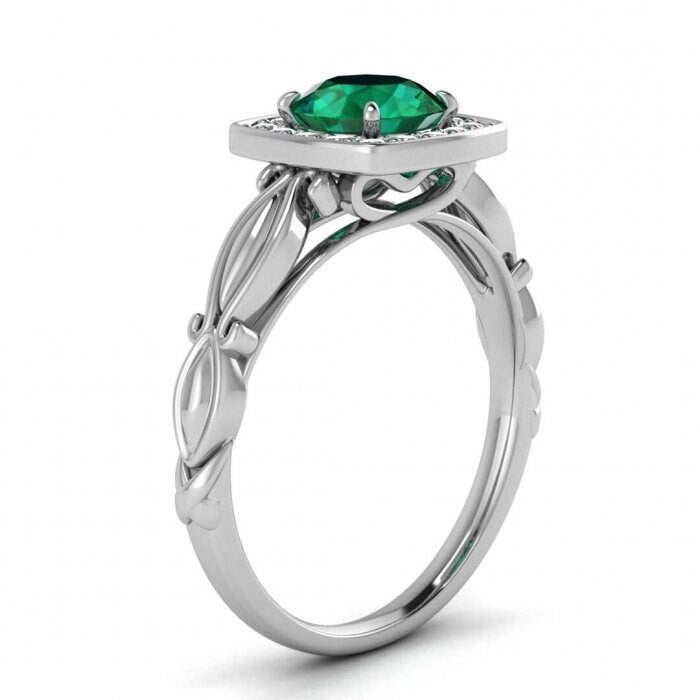 White Gold Square Halo Emerald And Diamond Ring (1/9 Ct. Tw.) Hidden Heart Under The Gallery Filigree Shank Squared Halo Khloe