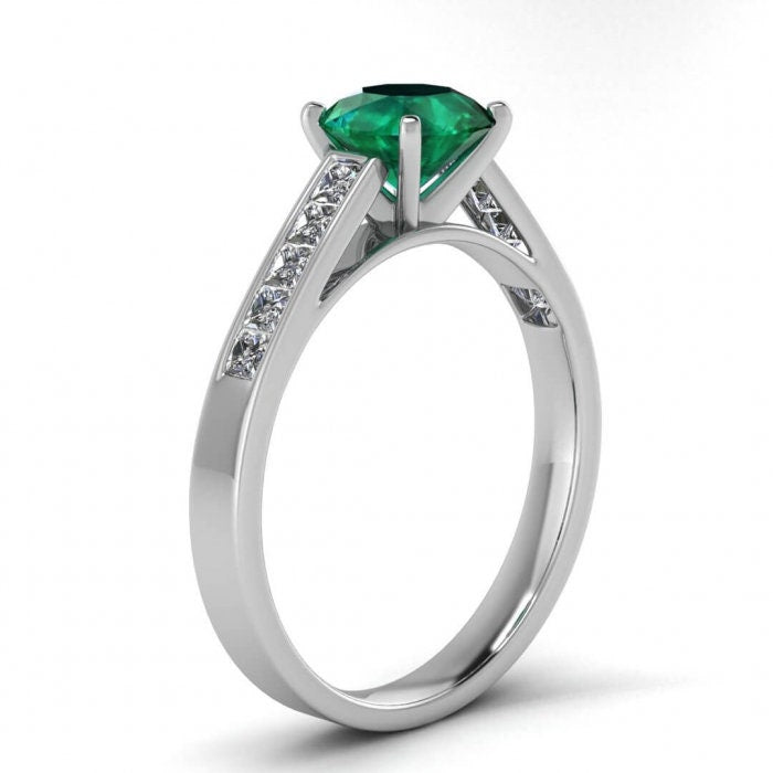 White Gold Open Channel Emerald And Diamond Princess Cut Ring (2/5 Ct. Tw.) Open Channel Setting Princess Cut Accents Prongs Setting Kiki