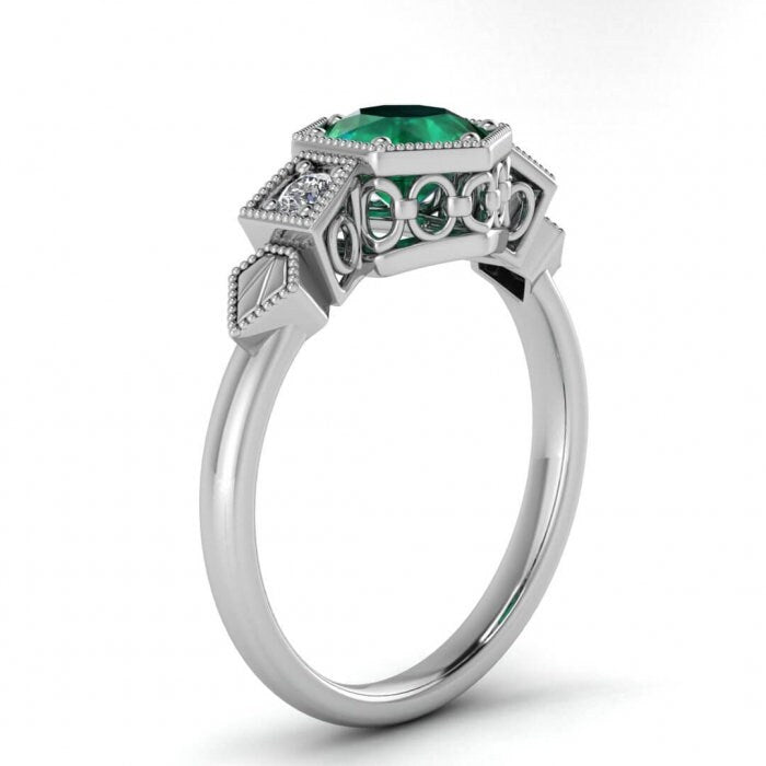 White Gold Hexagon Emerald And Diamond Ring (1/9 Ct. Tw.) Vintage Style Milgrain Hexagon Setting Love Chain Gallery Pave Accents Kyla