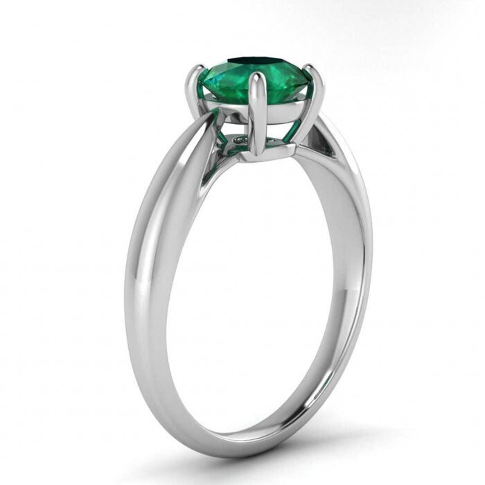 White Gold Tapered Band Emerald Engagement Ring Tapered Band Open Basket Setting Floating Diamond Liesl