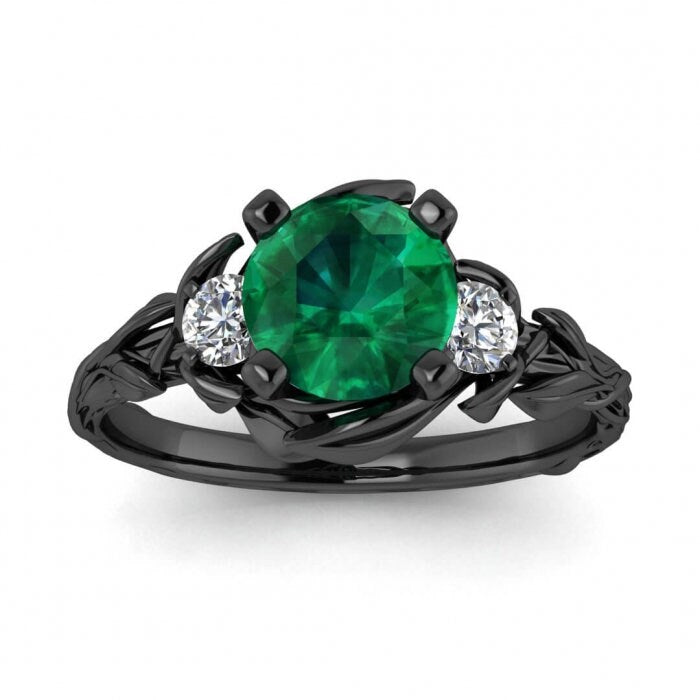 White Gold Floral Emerald And Diamond Ring (1/5 Ct. Tw.) Engagement Ring Vintage Floral Leaf Ring Floral Ring Lily