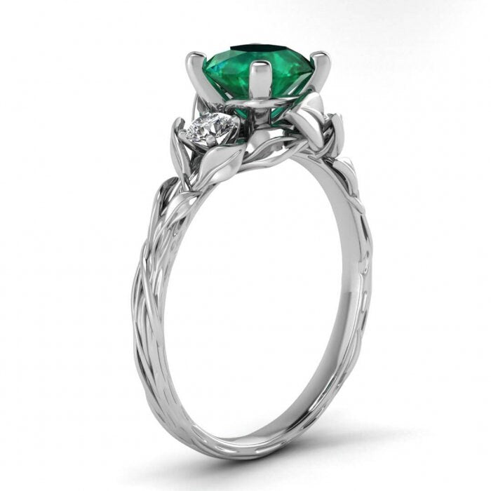 White Gold Floral Emerald And Diamond Ring (1/5 Ct. Tw.) Engagement Ring Vintage Floral Leaf Ring Floral Ring Lily