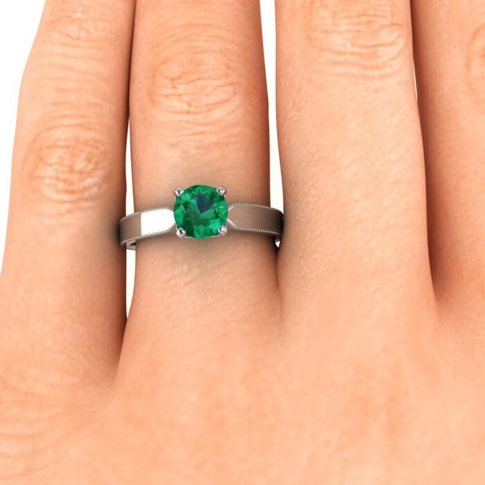 White Gold Tapered Emerald Solitaire Ring Tapered Band Milgrain Unique High Profile Gallery Maribel