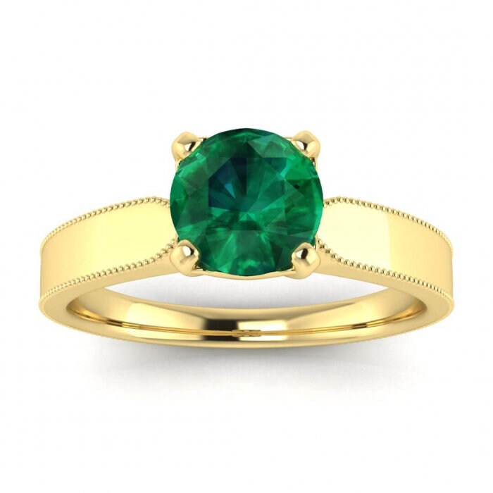 White Gold Tapered Emerald Solitaire Ring Tapered Band Milgrain Unique High Profile Gallery Maribel