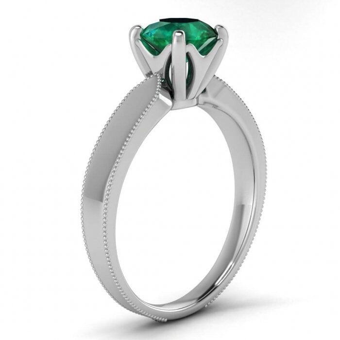 White Gold Tapered Emerald Solitaire Ring Tapered Band Milgrain Unique High Profile Gallery Maribel