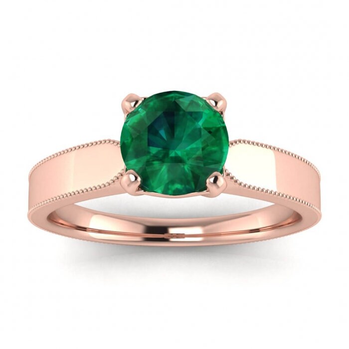 White Gold Tapered Emerald Solitaire Ring Tapered Band Milgrain Unique High Profile Gallery Maribel