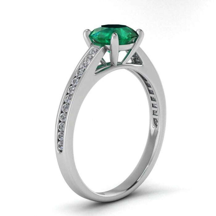 White Gold Channel Set Emerald And Diamond Engagement Ring (1/7 Ct. Tw.) Channel Setting Accents Prongs Center Gemstone Bridged Band Mei