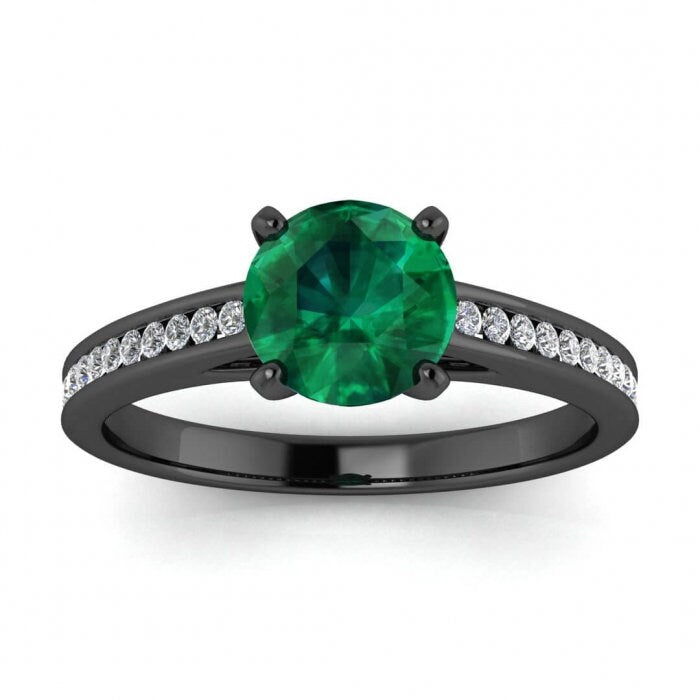 White Gold Channel Set Emerald And Diamond Engagement Ring (1/7 Ct. Tw.) Channel Setting Accents Prongs Center Gemstone Bridged Band Mei