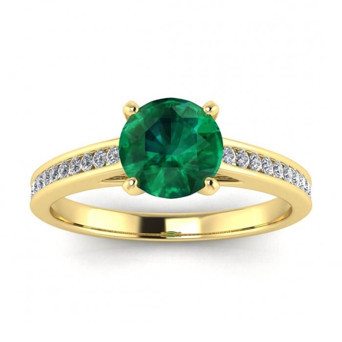 White Gold Channel Set Emerald And Diamond Engagement Ring (1/7 Ct. Tw.) Channel Setting Accents Prongs Center Gemstone Bridged Band Mei