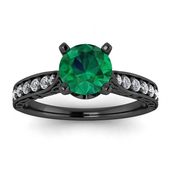 White Gold Antique Style Emerald And Diamond Ring (1/3 Ct. Tw.) Tapered Cathedral Prong Setting Hidden Gemstones Hand Engraved Profile Mila