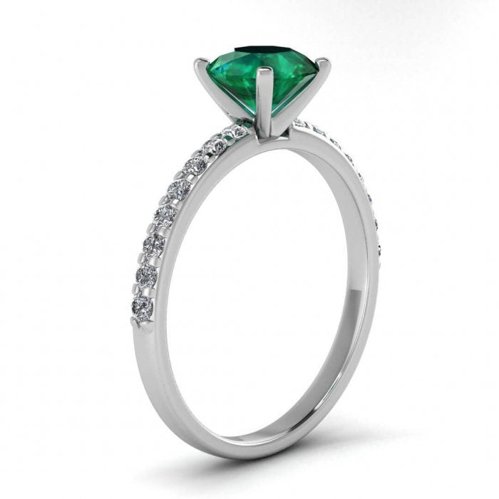 White Gold Scalloped Pave Emerald And Diamond Ring (1/7 Ct. Tw.) Shared Prongs Pave Delicate Band Prongs Settings Nola