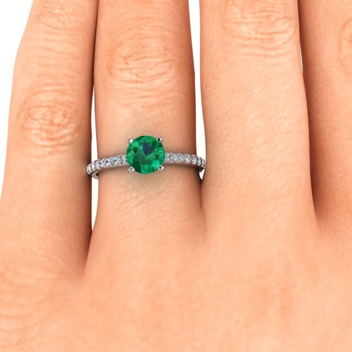 White Gold Scalloped Pave Emerald And Diamond Ring (1/7 Ct. Tw.) Shared Prongs Pave Delicate Band Prongs Settings Nola