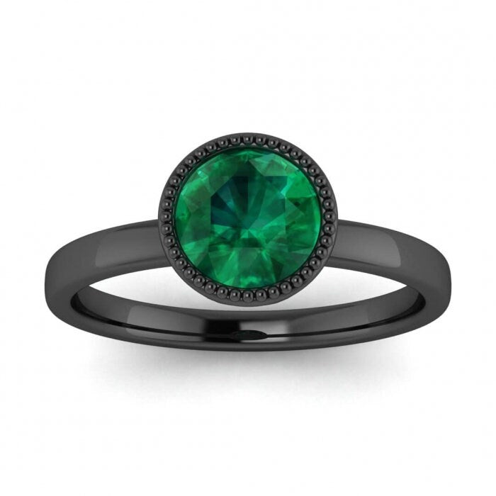 White Gold Round Bezel Emerald Ring Unique Basket Gallery Milgrained Bezel Nyla