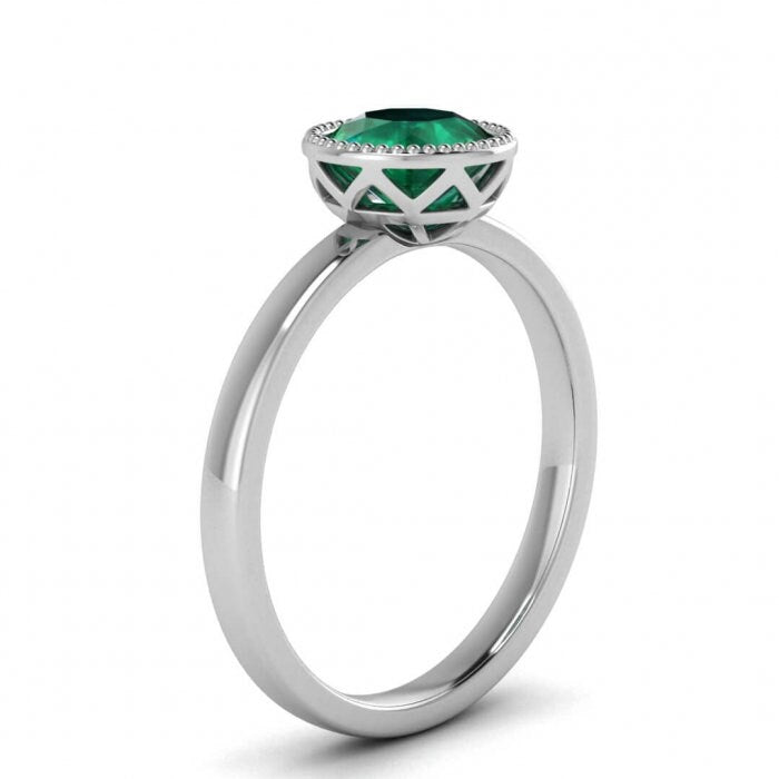 White Gold Round Bezel Emerald Ring Unique Basket Gallery Milgrained Bezel Nyla