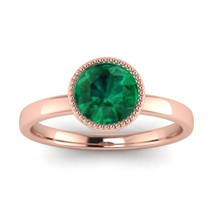 White Gold Round Bezel Emerald Ring Unique Basket Gallery Milgrained Bezel Nyla