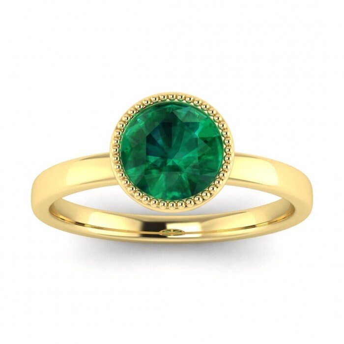 White Gold Round Bezel Emerald Ring Unique Basket Gallery Milgrained Bezel Nyla