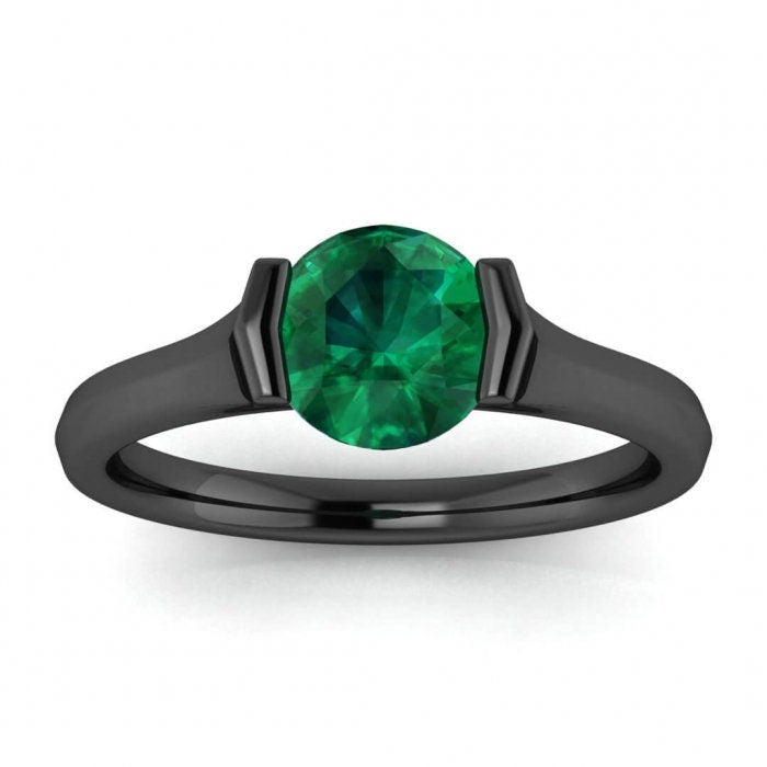 White Gold Knife Edged Emerald Solitaire Ring Knife Edged Tension Setting Rin