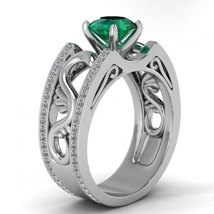 White Gold Vintage Styled Wide Band Emerald And Diamond Ring (1/3 Ct. Tw.) Paved Edges Antique Filigree Wide Band Riva