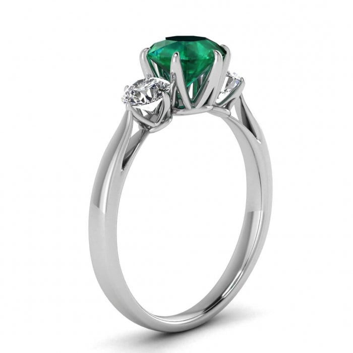 White Gold Three Stone Emerald And Diamond Engagement Ring (4/9 Ct. Tw.) Tapered Band Open Gallery Claw Prongs Setting 3 Stone Ring Suri