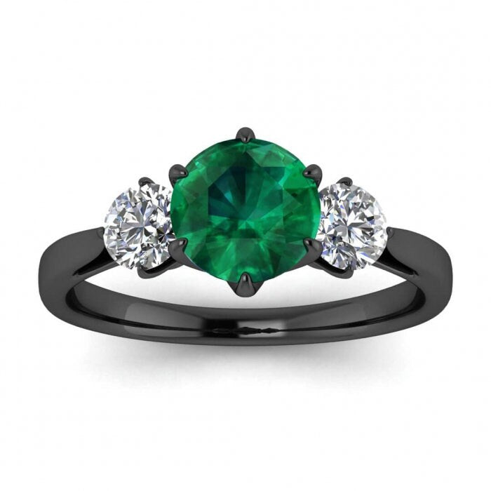 White Gold Three Stone Emerald And Diamond Engagement Ring (4/9 Ct. Tw.) Tapered Band Open Gallery Claw Prongs Setting 3 Stone Ring Suri