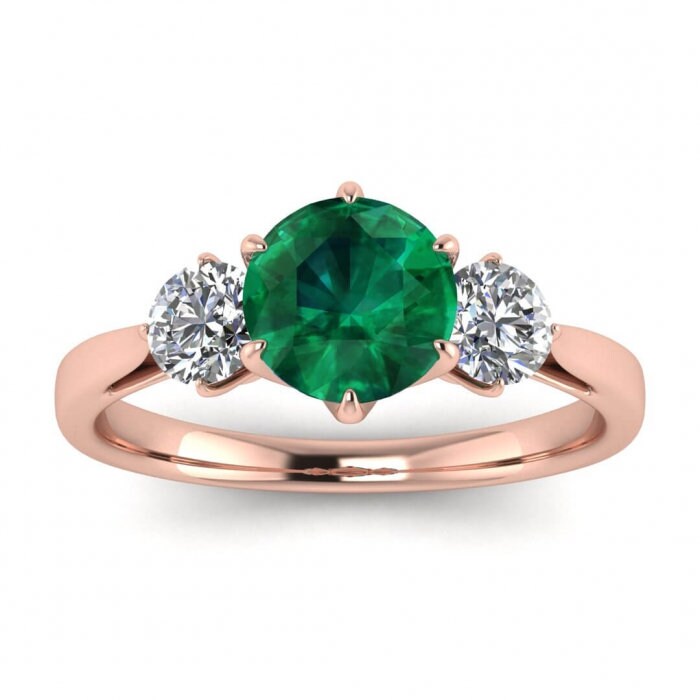 White Gold Three Stone Emerald And Diamond Engagement Ring (4/9 Ct. Tw.) Tapered Band Open Gallery Claw Prongs Setting 3 Stone Ring Suri