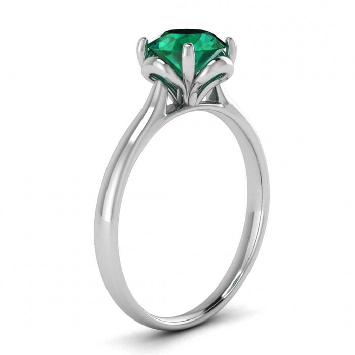 White Gold Emerald Engagement Ring Tulip Floral Vintage Solitaire Ring Tulip