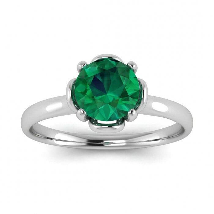 White Gold Emerald Engagement Ring Tulip Floral Vintage Solitaire Ring Tulip