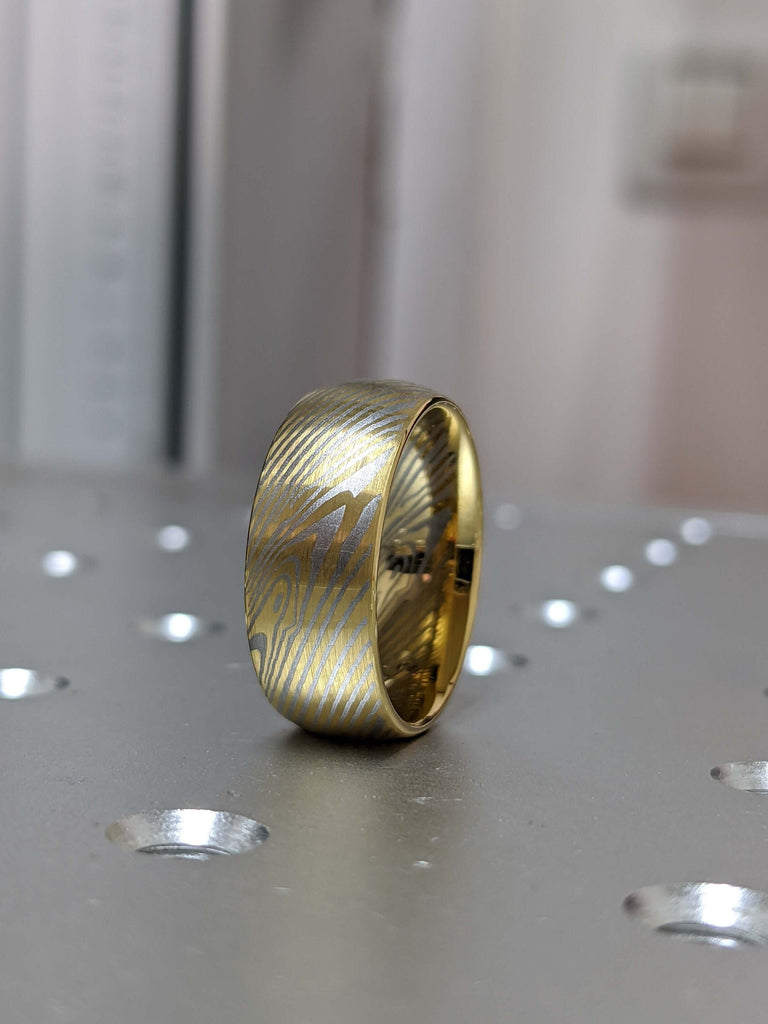 Yellow Gold Brushed Mokume Gane Tungsten - Forged Ring- Mokume Band - Damascus Ring- Two Color Mokume- Mokume Wedding Bands - Mokumegane