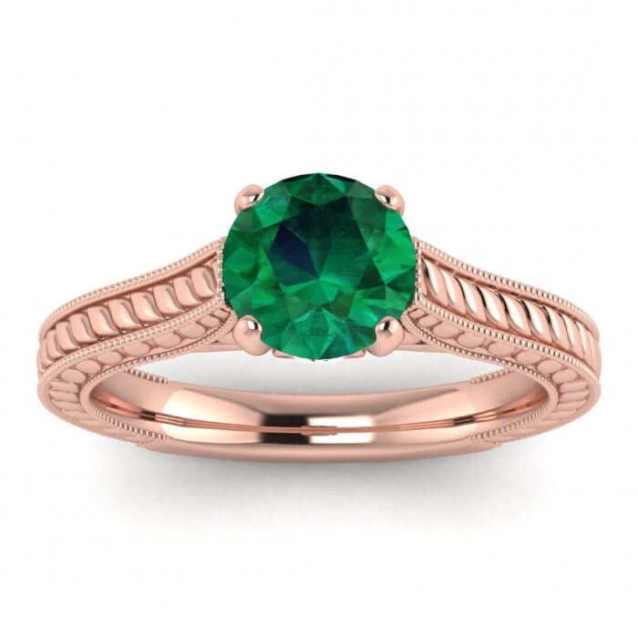 White Gold Emerald And Diamond Milgrain Ring (1/9 Ct. Tw.) Hand Engraved Hidden Gemstone Milgrained 4 Prongs Zoey