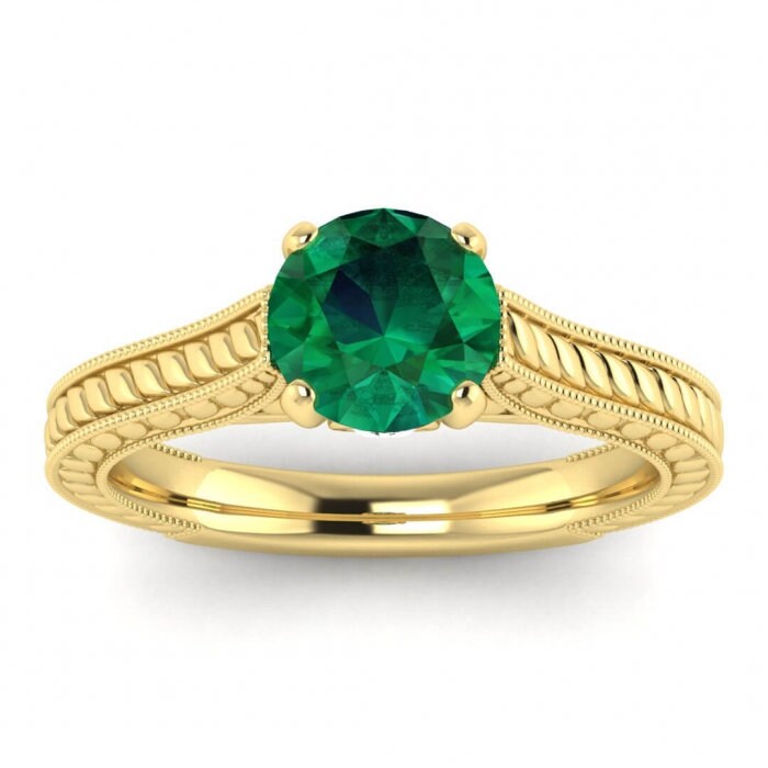 White Gold Emerald And Diamond Milgrain Ring (1/9 Ct. Tw.) Hand Engraved Hidden Gemstone Milgrained 4 Prongs Zoey