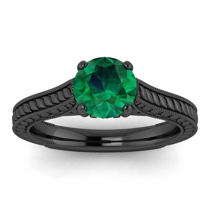 White Gold Emerald And Diamond Milgrain Ring (1/9 Ct. Tw.) Hand Engraved Hidden Gemstone Milgrained 4 Prongs Zoey