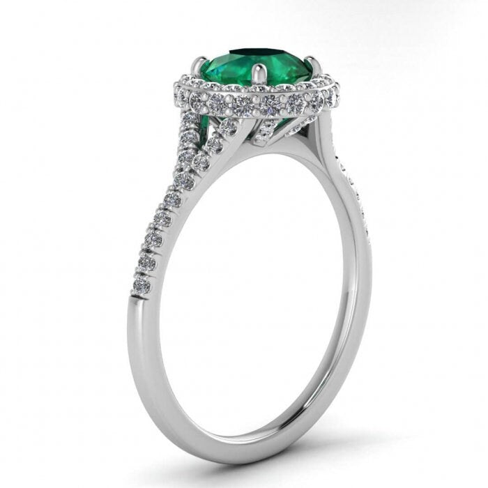 Platinum Paved Split Shank Emerald And Diamond Halo Ring (2/5 Ct. Tw.) Split Shank Paved Band Paved Setting Halo Mya