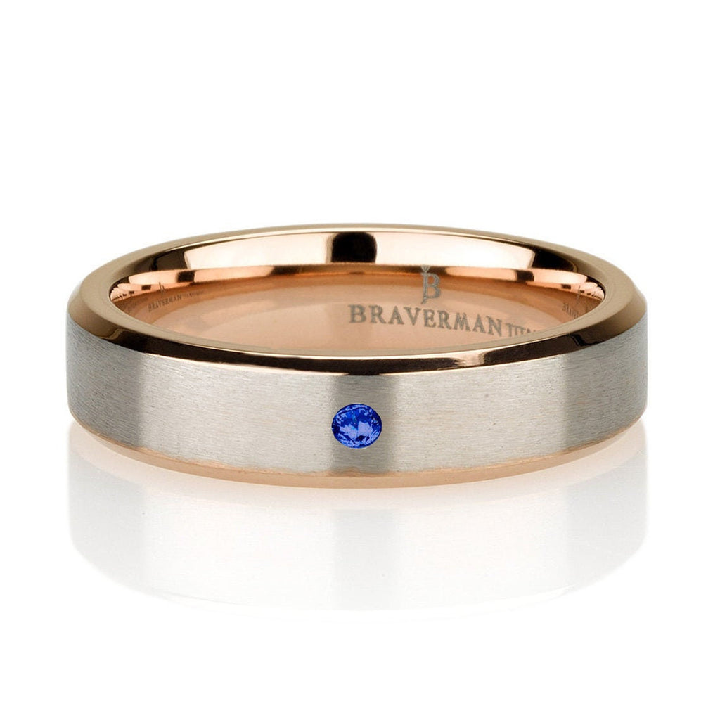 Blue Sapphire Rose Gold Beveled Pure Titanium Wedding Band, Brushed Rose Gold Titanium Wedding Ring, Rose Gold Plated Titanium Band 5mm