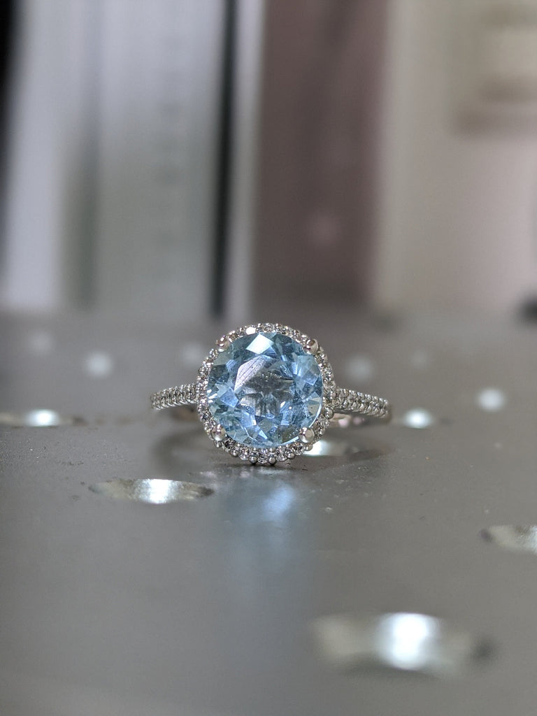 Aquamarine Engagement Ring, White Gold Diamond Halo Engagement Ring, Aquamarine Diamond Ring, Natural Aquamarine 5 6.5 8mm Round Aquamarine