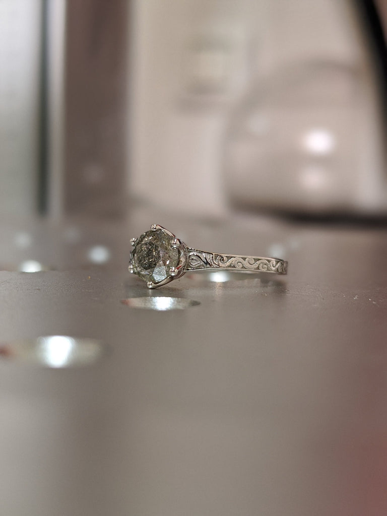 Rose Gold Raw Salt and Pepper Diamond /White /Yellow Gold Engagement Ring Art Deco 1920's Inspired Thin Petite Band 14k Unique Ring for Her