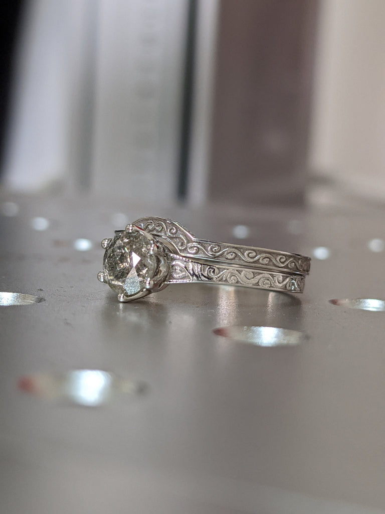 Raw Salt and Pepper Diamond Rose Set /White /Yellow Gold Engagement Ring Art Deco 1920's Inspired Thin Petite Band 14k Unique Ring for Her
