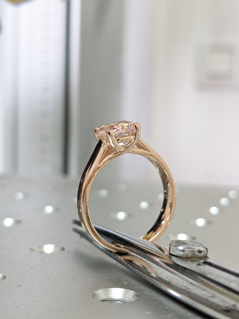 Rose Gold Wide Band Morganite Engagement Ring, Wide Band Peach Morganite Ring, Pink Morganite Ring, Intertwined Prongs, Flat Top