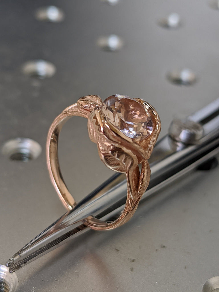 Morganite Engagement Ring, Vintage Floral Morganite Ring, Rose Gold Floral Engagement Ring, Nature Inspired Leaf Morganite Ring