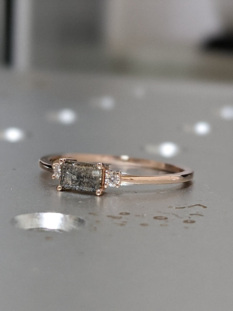 Rose Gold Emerald Baguette Raw Salt and Pepper Diamond Gold Engagement Ring Art Deco 1920s Inspired Thin Petite Band 14k Unique Ring for Her