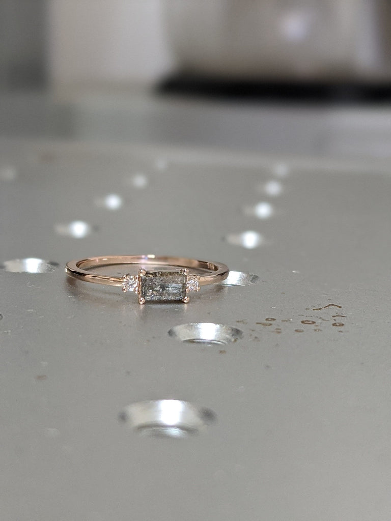 Rose Gold Emerald Baguette Raw Salt and Pepper Diamond Gold Engagement Ring Art Deco 1920s Inspired Thin Petite Band 14k Unique Ring for Her