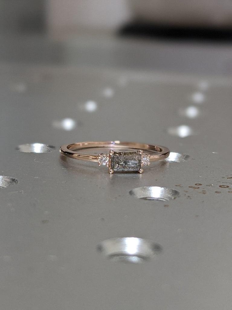 Rose Gold Emerald Baguette Raw Salt and Pepper Diamond Gold Engagement Ring Art Deco 1920s Inspired Thin Petite Band 14k Unique Ring for Her