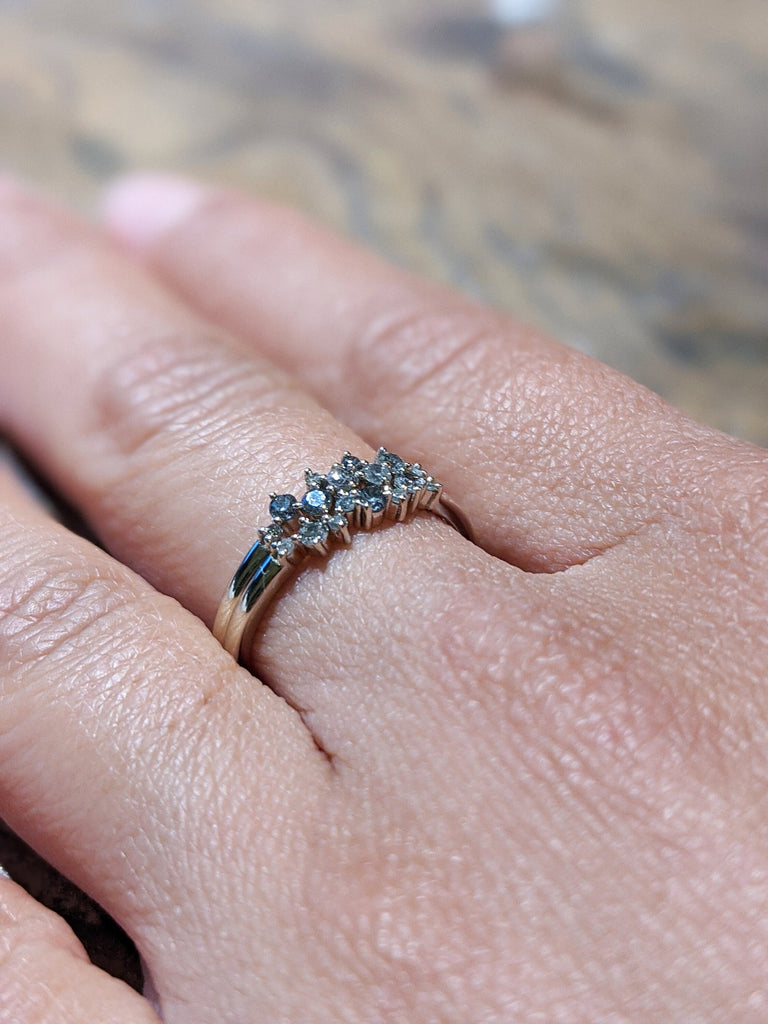 Salt and pepper diamond engagement, diamond cluster ring, 14k/18k yellow and rose gold, Engagement Ring Salt and Pepper Rustic, 9 diamonds