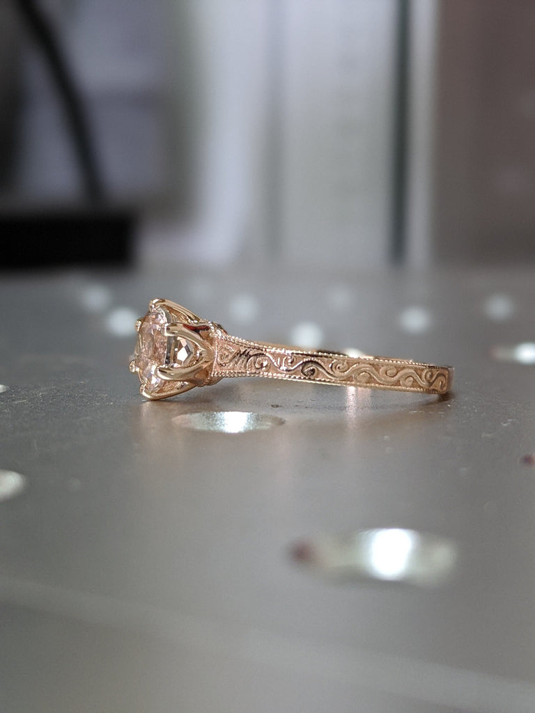 Rose Gold Vintage Morganite Solitaire Ring, Morganite Ring, Antique Design, Squared Milgrained Edges, Basket Setting