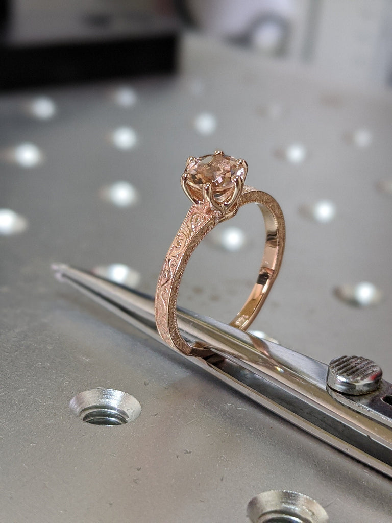 Rose Gold Vintage Morganite Solitaire Ring, Morganite Ring, Antique Design, Squared Milgrained Edges, Basket Setting