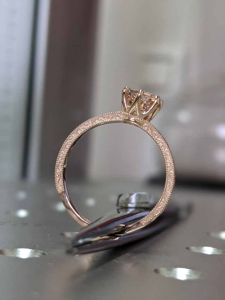 Rose Gold Vintage Morganite Solitaire Ring, Morganite Ring, Antique Design, Squared Milgrained Edges, Basket Setting