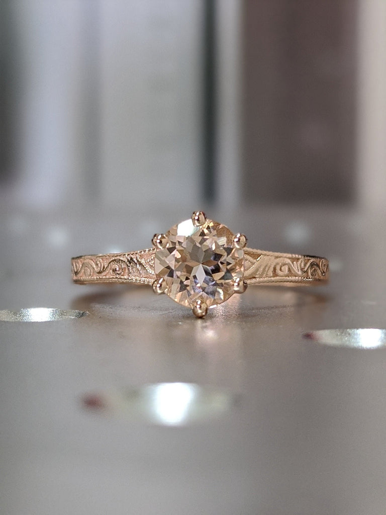 Rose Gold Vintage Morganite Solitaire Ring, Morganite Ring, Antique Design, Squared Milgrained Edges, Basket Setting