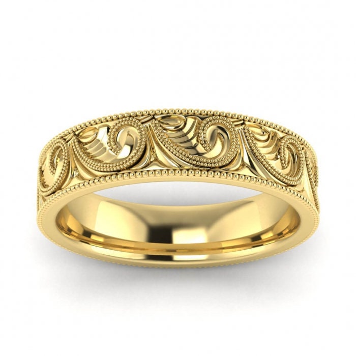 Gold Unique Engraved Wedding Ring, Art Deco Scroll Style Wedding Band, Hand Milgrain Men's Gold Ring, New Vintage 5mm Flat Wedding Ring