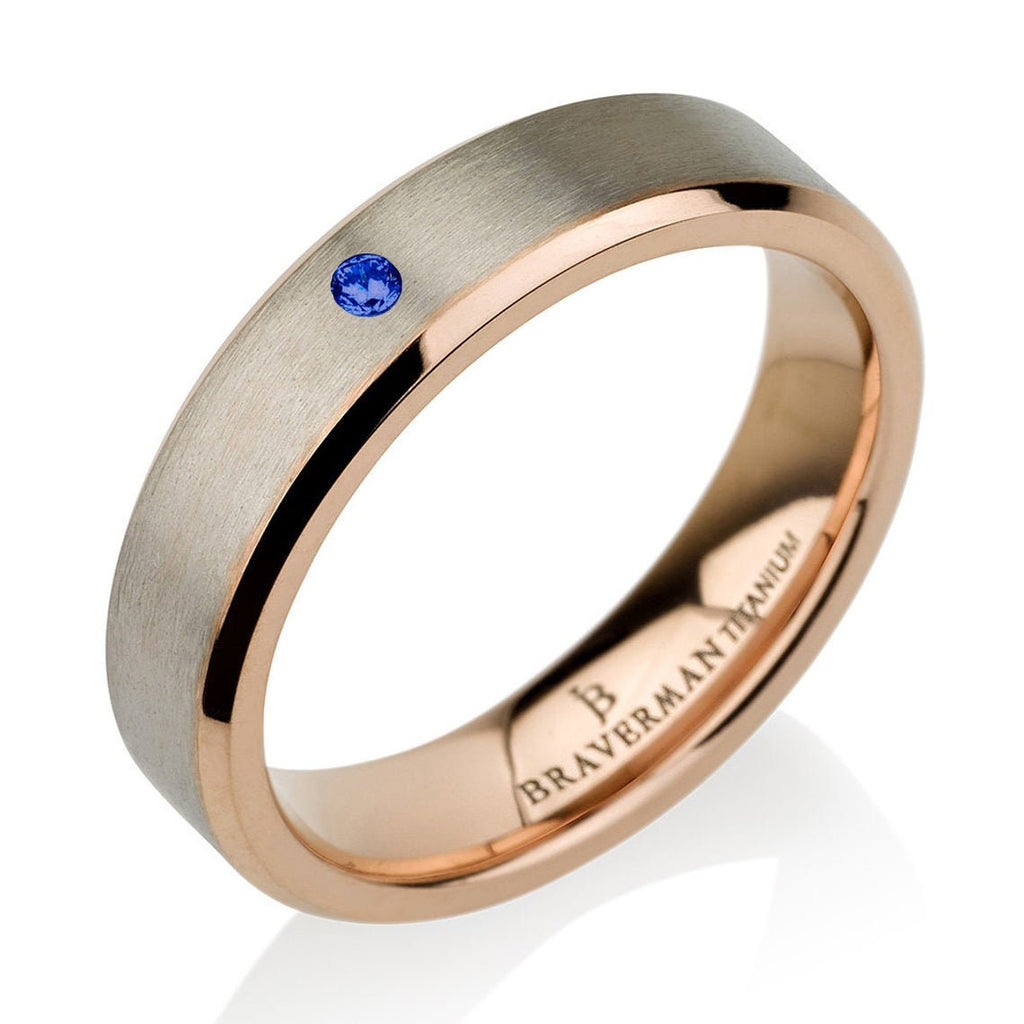 Blue Sapphire Rose Gold Beveled Pure Titanium Wedding Band, Brushed Rose Gold Titanium Wedding Ring, Rose Gold Plated Titanium Band 5mm