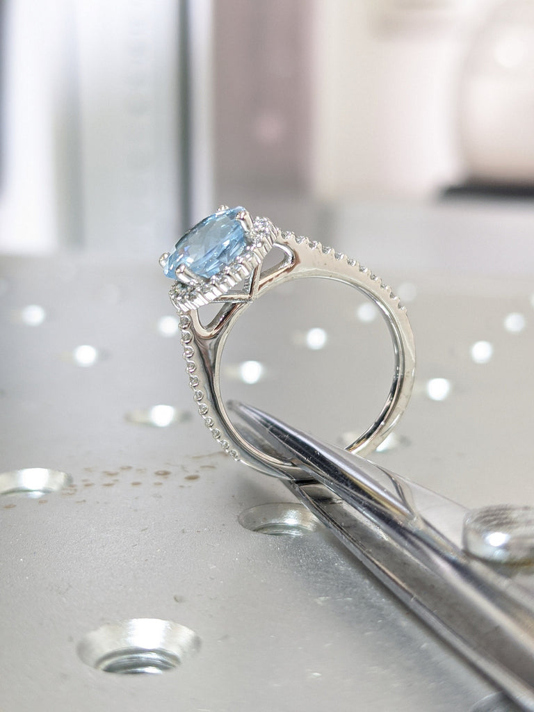 Aquamarine Engagement Ring, White Gold Diamond Halo Engagement Ring, Aquamarine Diamond Ring, Natural Aquamarine 5 6.5 8mm Round Aquamarine