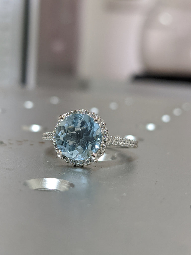 Aquamarine Engagement Ring, White Gold Diamond Halo Engagement Ring, Aquamarine Diamond Ring, Natural Aquamarine 5 6.5 8mm Round Aquamarine